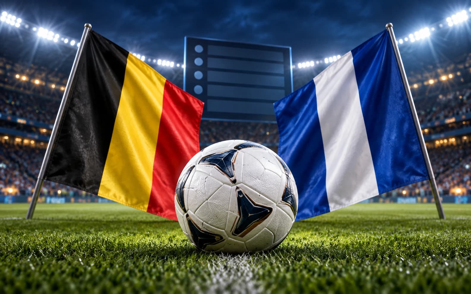 Illustration of a football between Belgian and French flags with an unlabelled standings board