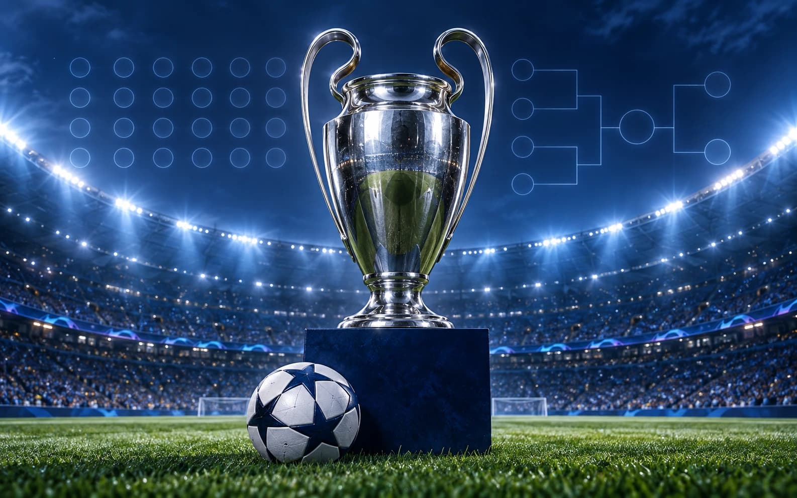 Illustration of a European football trophy with a league-phase and knockout grid