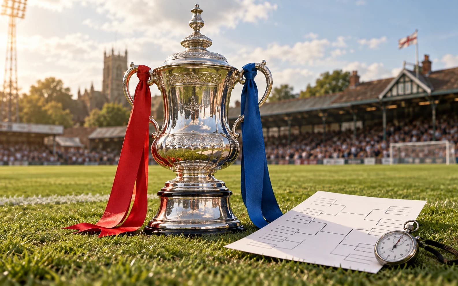 Illustration of a cup, knockout bracket and stopwatch for FA Cup rules