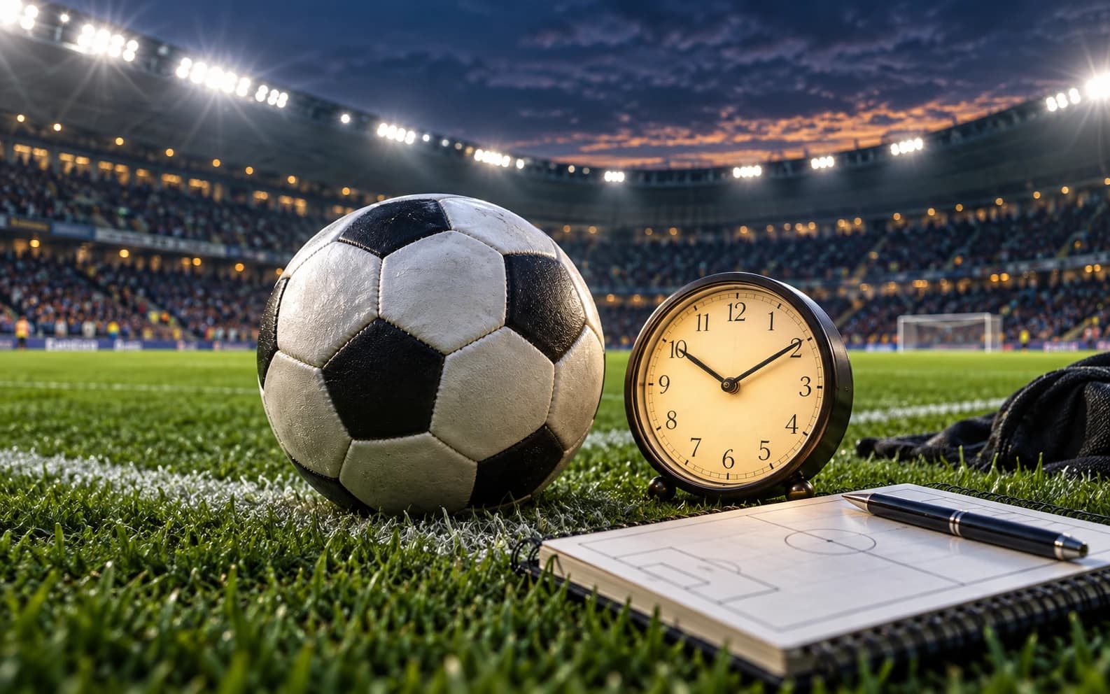 Illustration of a football, clock and match-planning notebook in a stadium