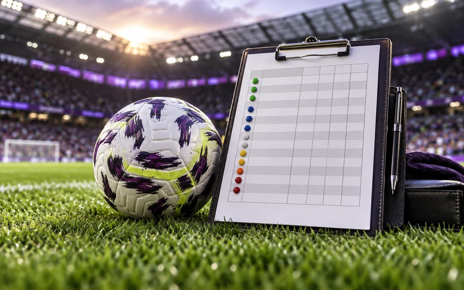 Illustration of a football and an unlabelled league-table clipboard